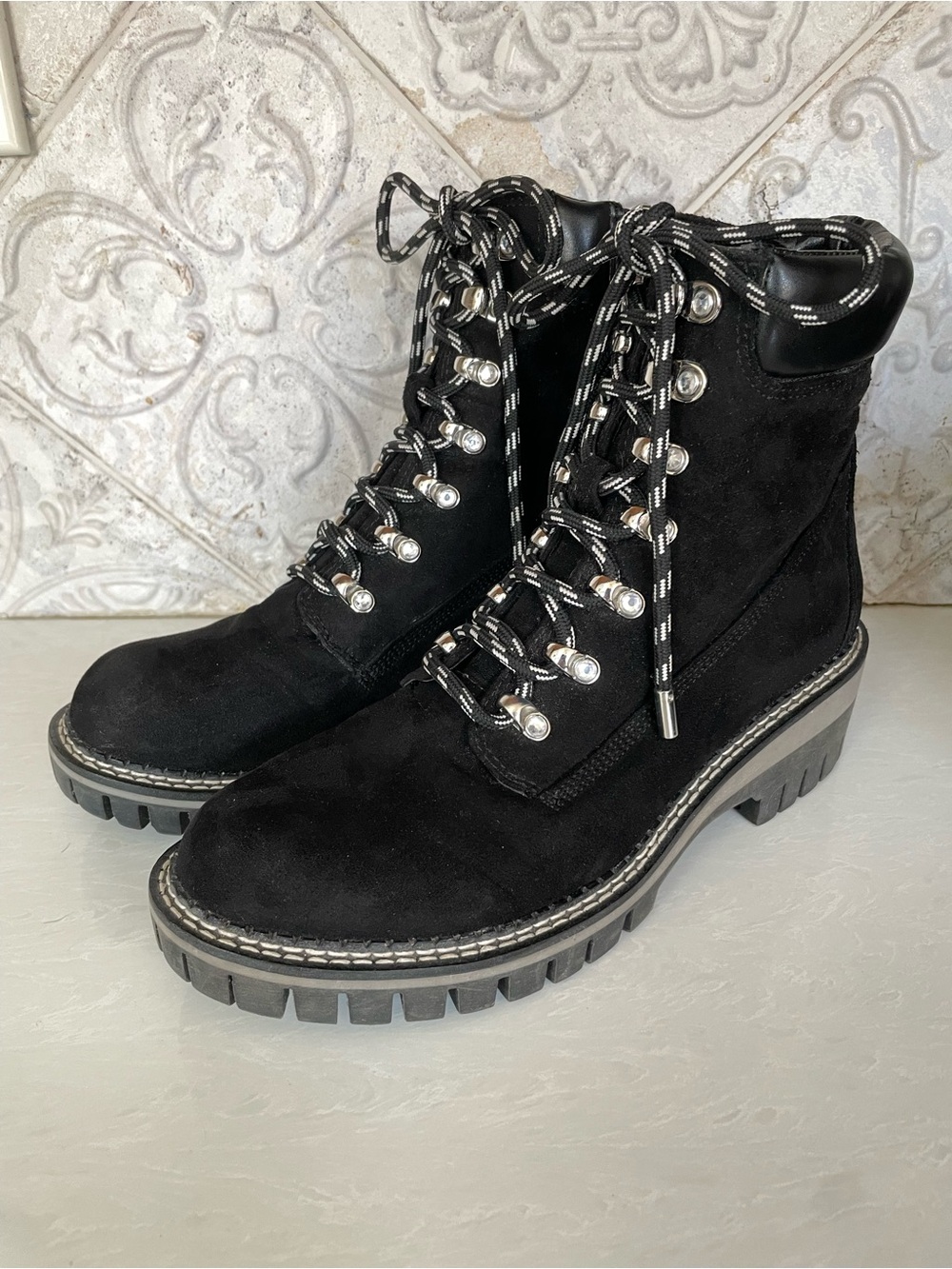 J Lo- Black Faux Suede Lace-Up Lug Sole Boots - 7.5
